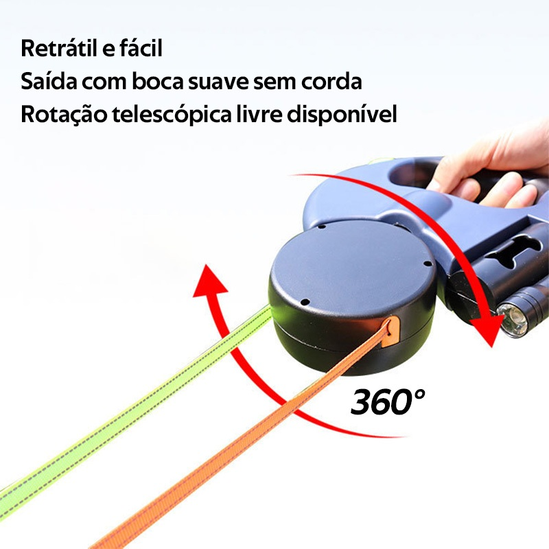 Guia Dupla Retrátil para 2 Cães | Resistente, Luz LED e Trava Automática, Perfeita para Passeios Noturnos -Z17