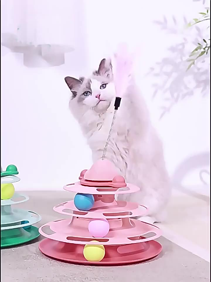 Torre de Brinquedo para Gatos de 4 Andares, com 3 Bolinhas e Penas, Estimula a Energia dos Gatos